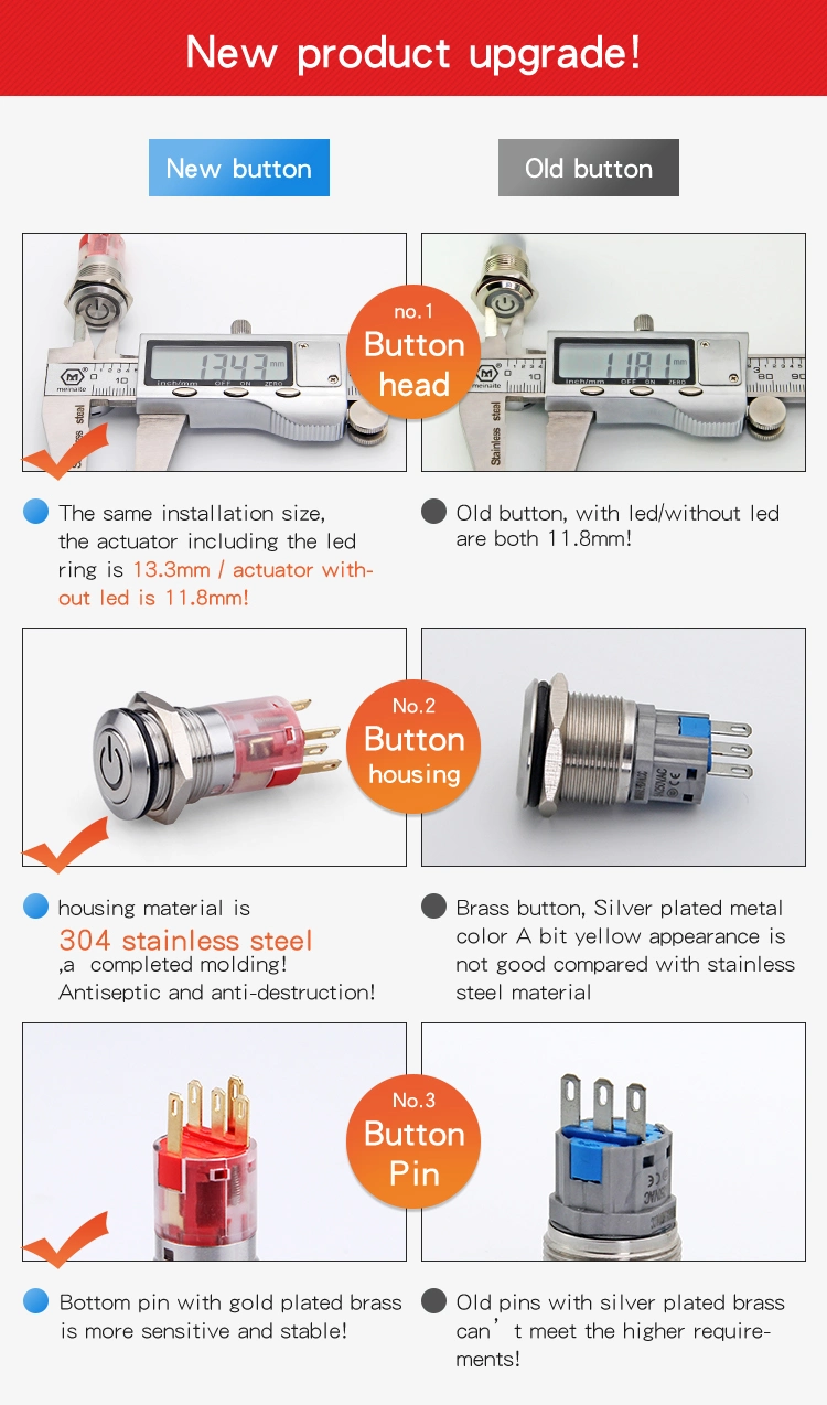 Hban 16mm on off Switch Pin Terminal Momentary 1no1nc 12V LED Metal Push Button for Electronic Equipment