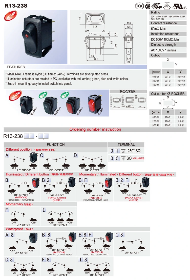 Waterproof Latched Momentary Illuminated Rocker Light Switch