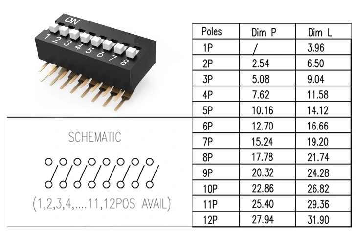 Right Angle Type DIP Switch Slide Plastic 1-12 Position DIP Tact Switch DIP Code Switch Dialing Switch