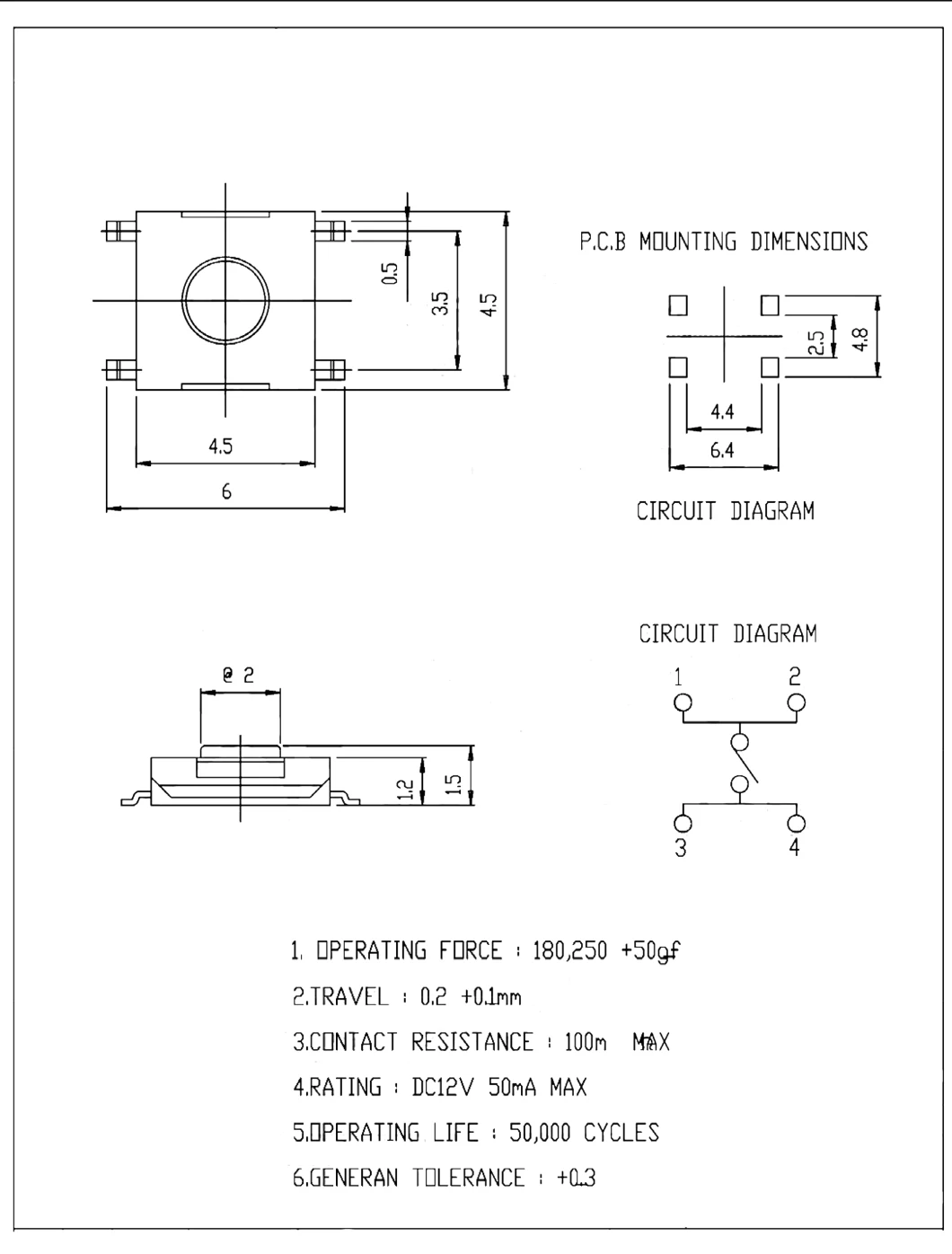 Factory Supply 4.5*4.5mm SMT Process Sealed Tact Switch Micro Surface Mount Tactile Switch