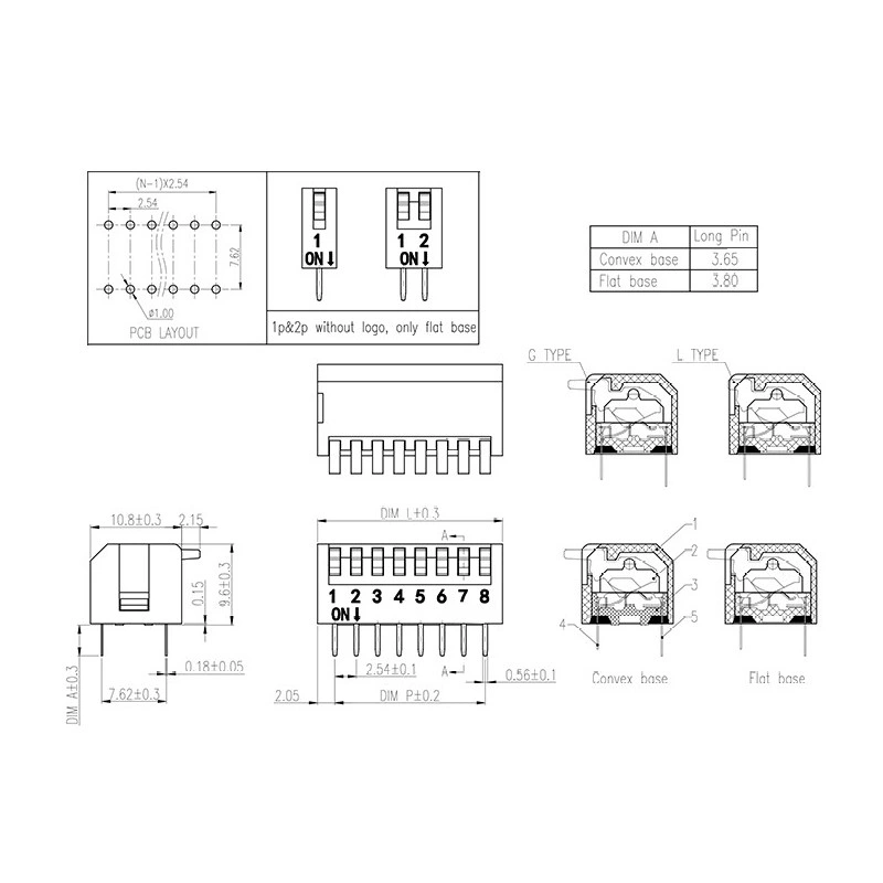 Slide Actuated Through Hole Piano Type DIP Switch Pitch 2.54mm DIP Switch Push Button Micro Switch