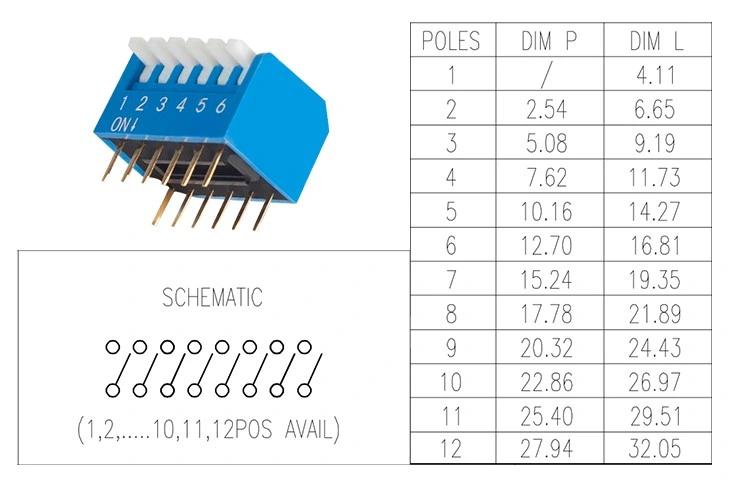 Slide Actuated Through Hole Piano Type DIP Switch Pitch 2.54mm DIP Switch Push Button Micro Switch